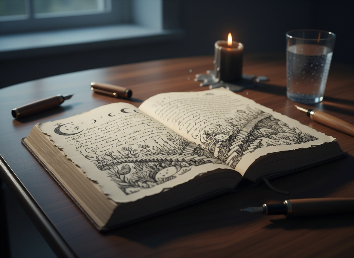 A thick, open journal with rough-edged cream pages lies on a dark walnut desk, its handwritten lines dissolving into tiny ink drawings of moons, strange plants, and impossible staircases that become more detailed toward the page edges. Around the journal, scattered fountain pens, a single black candle burned low, and a glass of water with condensation suggest a long night of writing. Soft, cool window light from the left mingles with the faint amber glow of the candle, creating deep, thoughtful shadows. Photographic realism, shot at eye level with a shallow depth of field so the center of the page is in razor-sharp focus while the rest of the desk recedes into a velvety blur, evoking a sophisticated, speculative, and slightly haunting atmosphere.