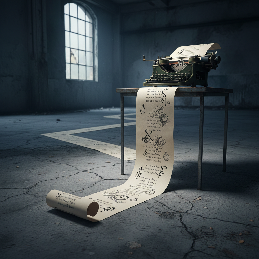 An antique typewriter sits alone on a narrow metal table in an otherwise empty, dim industrial room with cracked concrete walls. Instead of a single sheet, a ribbon of paper flows from the roller, cascading to the floor and snaking away across the room, covered in fragmented lines of poetry interspersed with abstract symbols and tiny ink illustrations of eyes, clocks, and tidal waves. A high window lets in cold, overcast daylight that slants across the typewriter, picking up the worn keys’ metallic sheen and the texture of the curling paper while leaving the distant stretches of paper in deep shadow. Photographic realism, shot from a low, side angle with strong leading lines along the paper’s path. The atmosphere is desolate, sophisticated, and hauntingly introspective.