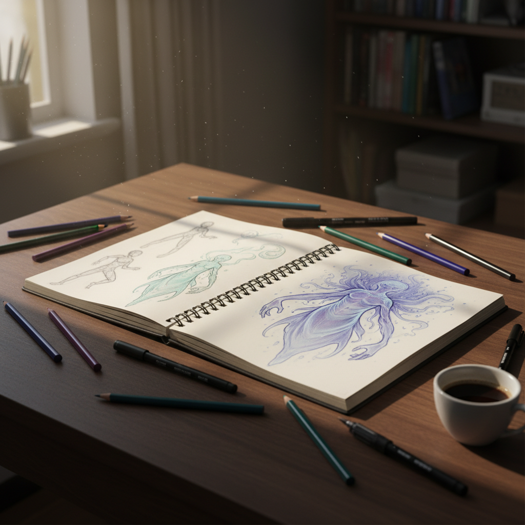 An open sketchbook on a dark desk showing a series of evolving creature designs, from human to ethereal ghost, with colored pencils and ink pens scattered around, soft side lighting and a moody, creative feel.