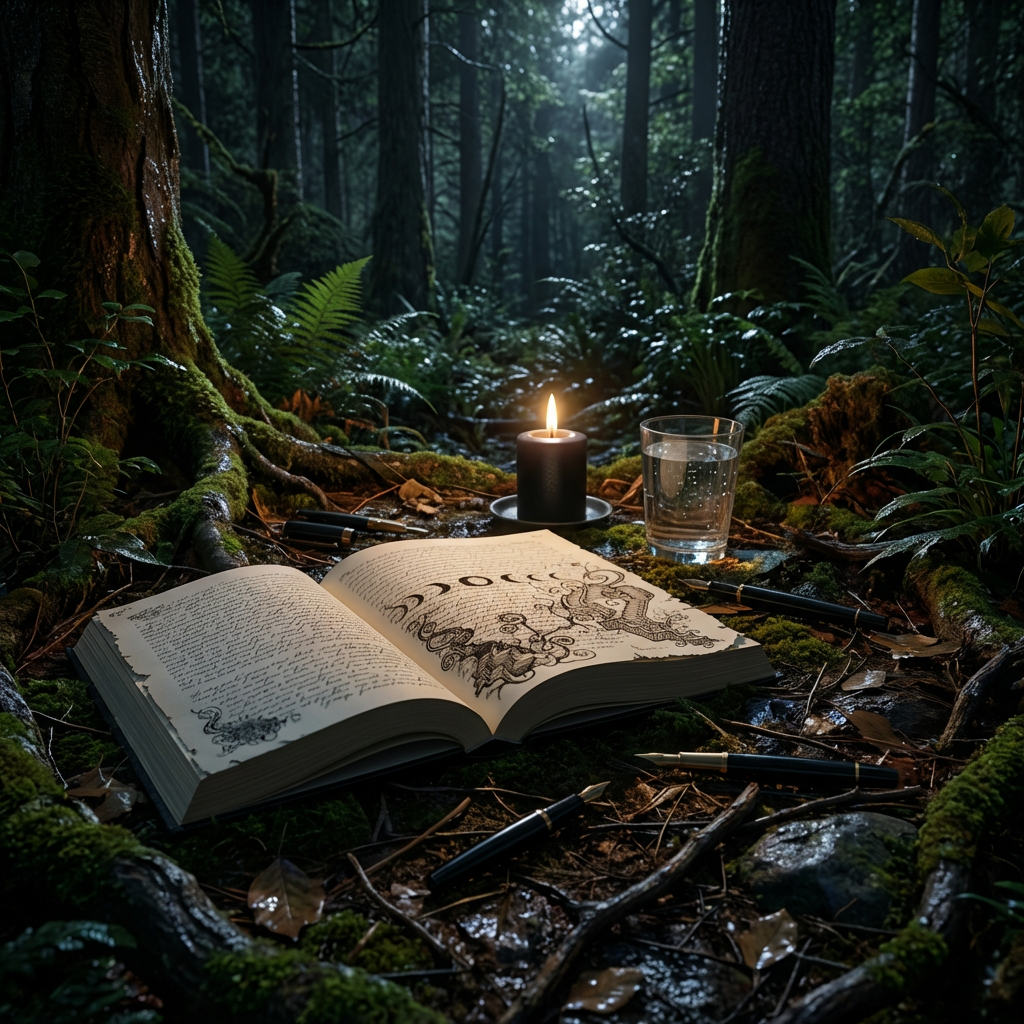 A thick, open journal with rough-edged cream pages lies on a dark walnut desk, its handwritten lines dissolving into tiny ink drawings of moons, strange plants, and impossible staircases that become more detailed toward the page edges. Around the journal, scattered fountain pens, a single black candle burned low, and a glass of water with condensation suggest a long night of writing. Soft, cool window light from the left mingles with the faint amber glow of the candle, creating deep, thoughtful shadows. Photographic realism, shot at eye level with a shallow depth of field so the center of the page is in razor-sharp focus while the rest of the desk recedes into a velvety blur, evoking a sophisticated, speculative, and slightly haunting atmosphere.