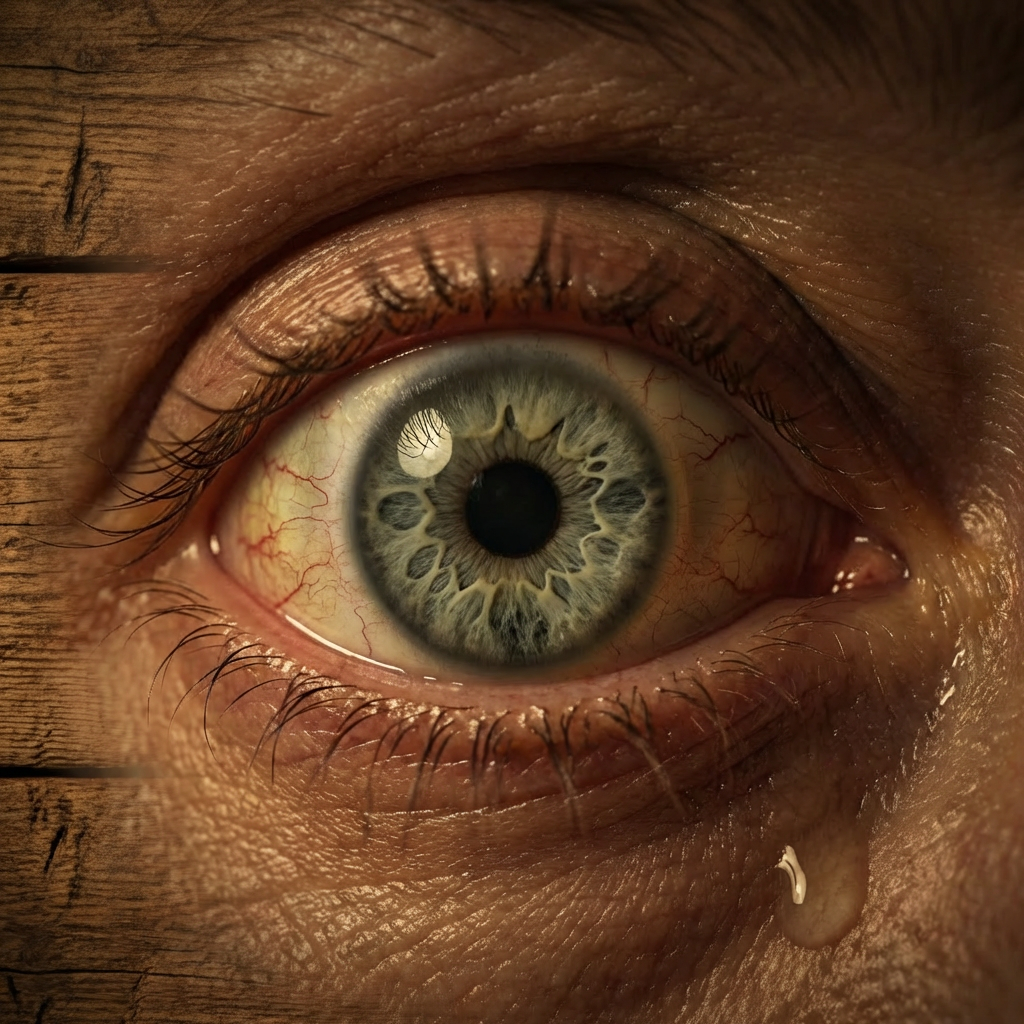 Close-up of a bloodshot blue eye with a tear rolling down the cheek.