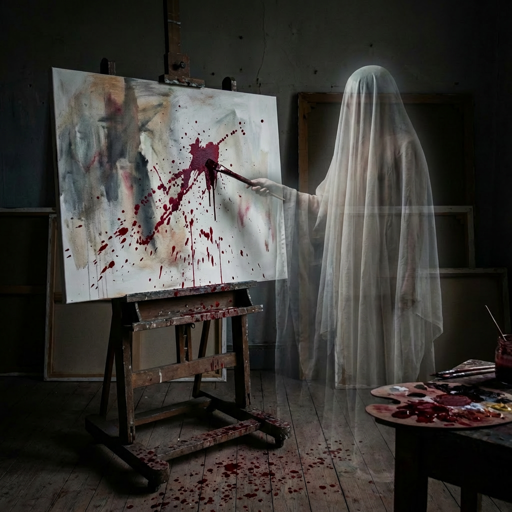Translucent figure painting red splatters on a canvas; text GHOST PAINTING is at the top.