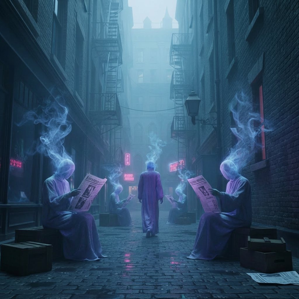 A misty city alley at dawn with faint ghostly silhouettes reading newspapers that dissolve into smoke, cool blue and purple tones, cinematic and eerie, representing tender ghosts and strange futures.